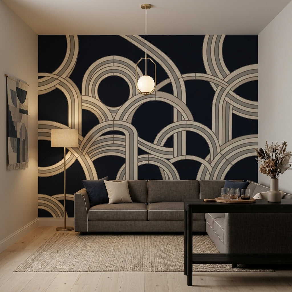 Geometrik Halkalı Poster Duvar Kağıdı Siyah Bej Salon