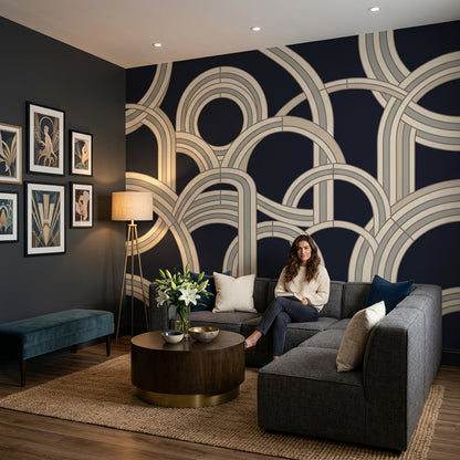 Geometrik Halkalı Poster Duvar Kağıdı Siyah Bej Salon