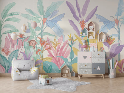 Pastel Tropikal Yapraklı Poster Duvar Kağıdı Bebek Odası