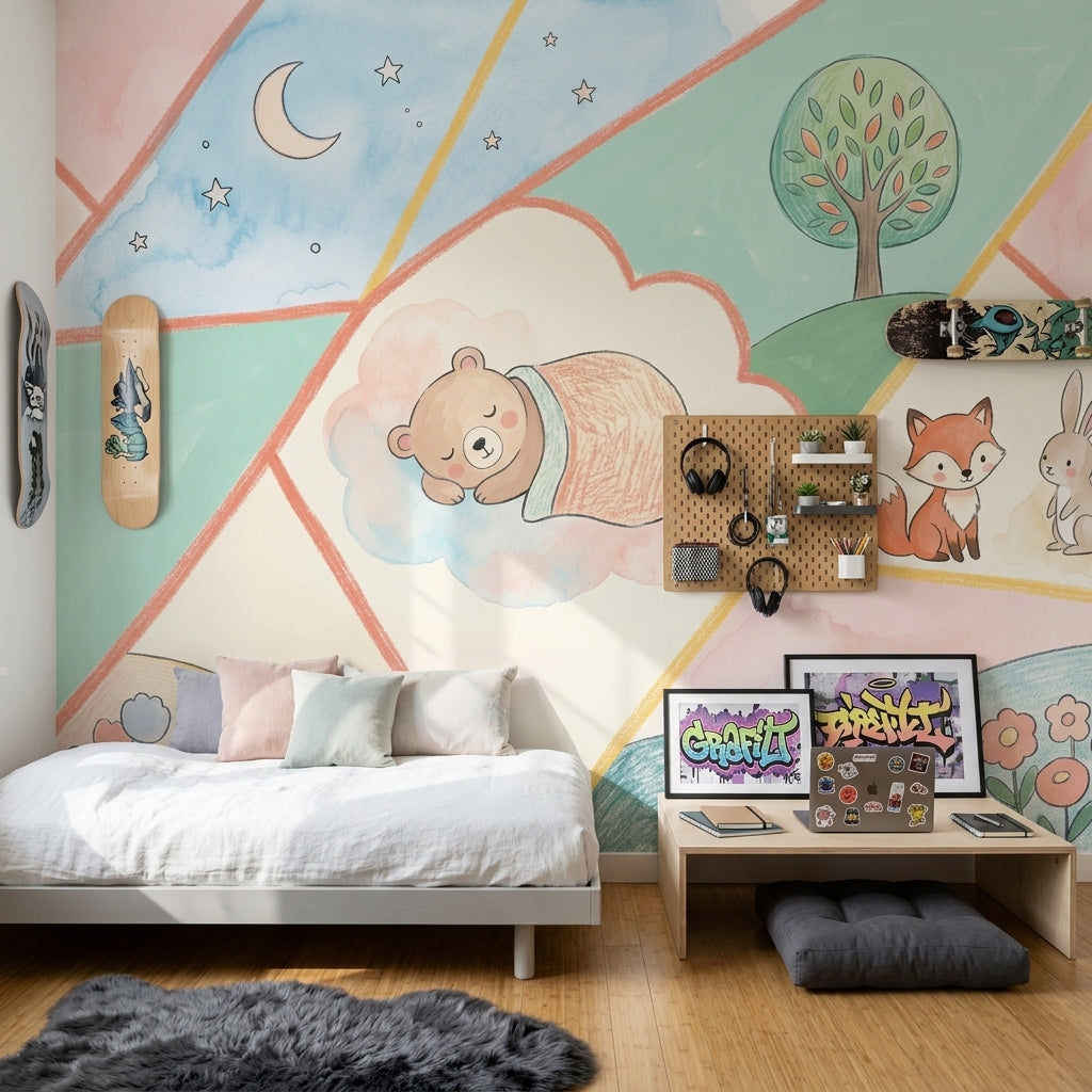 Pastel Hayvanlı Poster Duvar Kağıdı Çocuk Odası Ay Yıldızlı