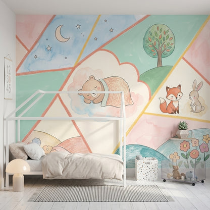 Pastel Hayvanlı Poster Duvar Kağıdı Çocuk Odası Ay Yıldızlı