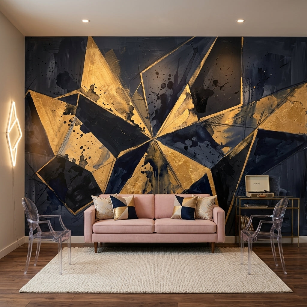 Soyut Geometrik Poster Duvar Kağıdı Lacivert Altın Salon