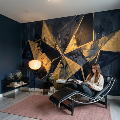 Soyut Geometrik Poster Duvar Kağıdı Lacivert Altın Salon