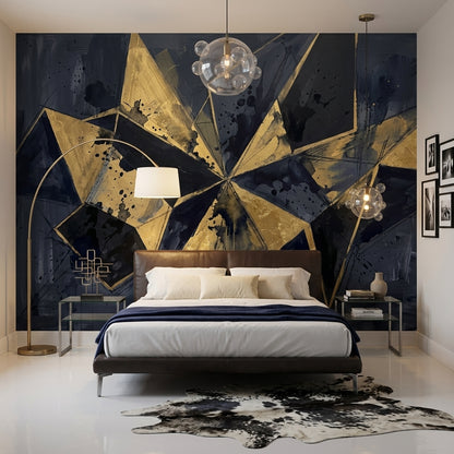 Soyut Geometrik Poster Duvar Kağıdı Lacivert Altın Salon