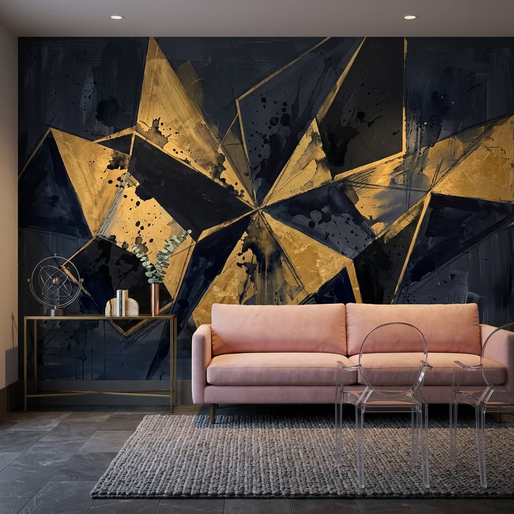 Soyut Geometrik Poster Duvar Kağıdı Lacivert Altın Salon