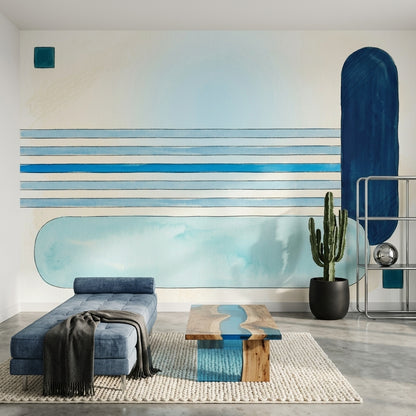 Mavi Çizgili Geometrik Poster Duvar Kağıdı Modern Salon