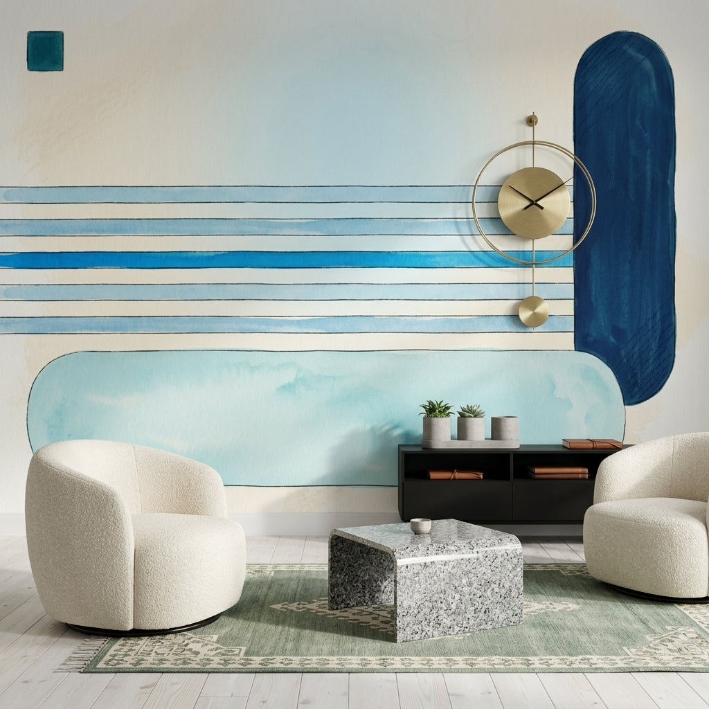 Mavi Çizgili Geometrik Poster Duvar Kağıdı Modern Salon