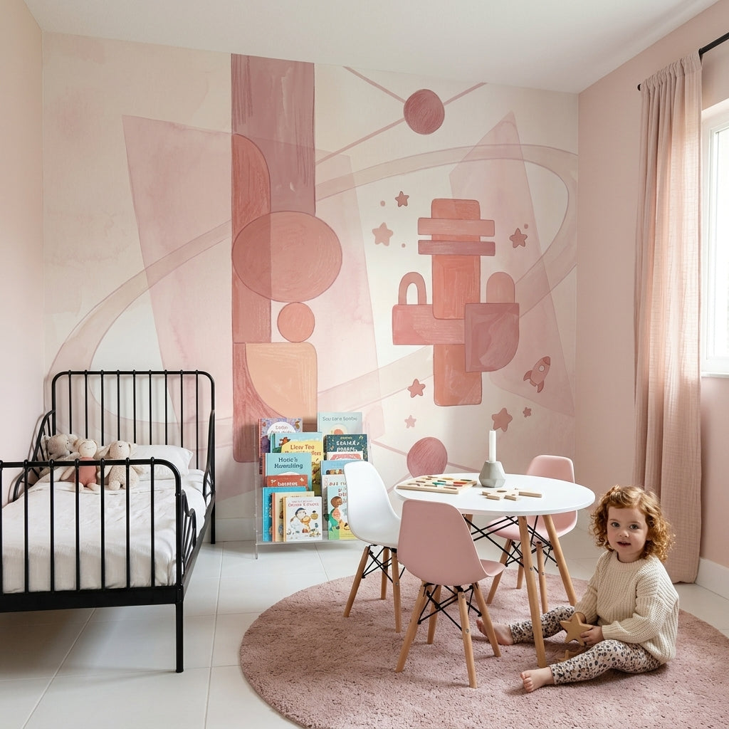 Pastel Soyut Geometrik Poster Duvar Kağıdı Pudra Pembe Çocuk Odası
