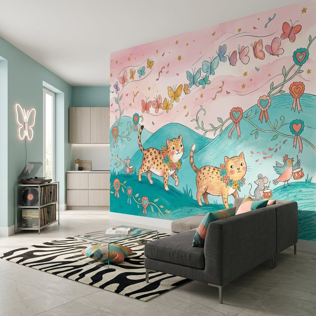 Leoparlı ve Kelebekli Poster Duvar Kağıdı Pastel Çocuk Odası