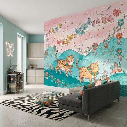 Leoparlı ve Kelebekli Poster Duvar Kağıdı Pastel Çocuk Odası