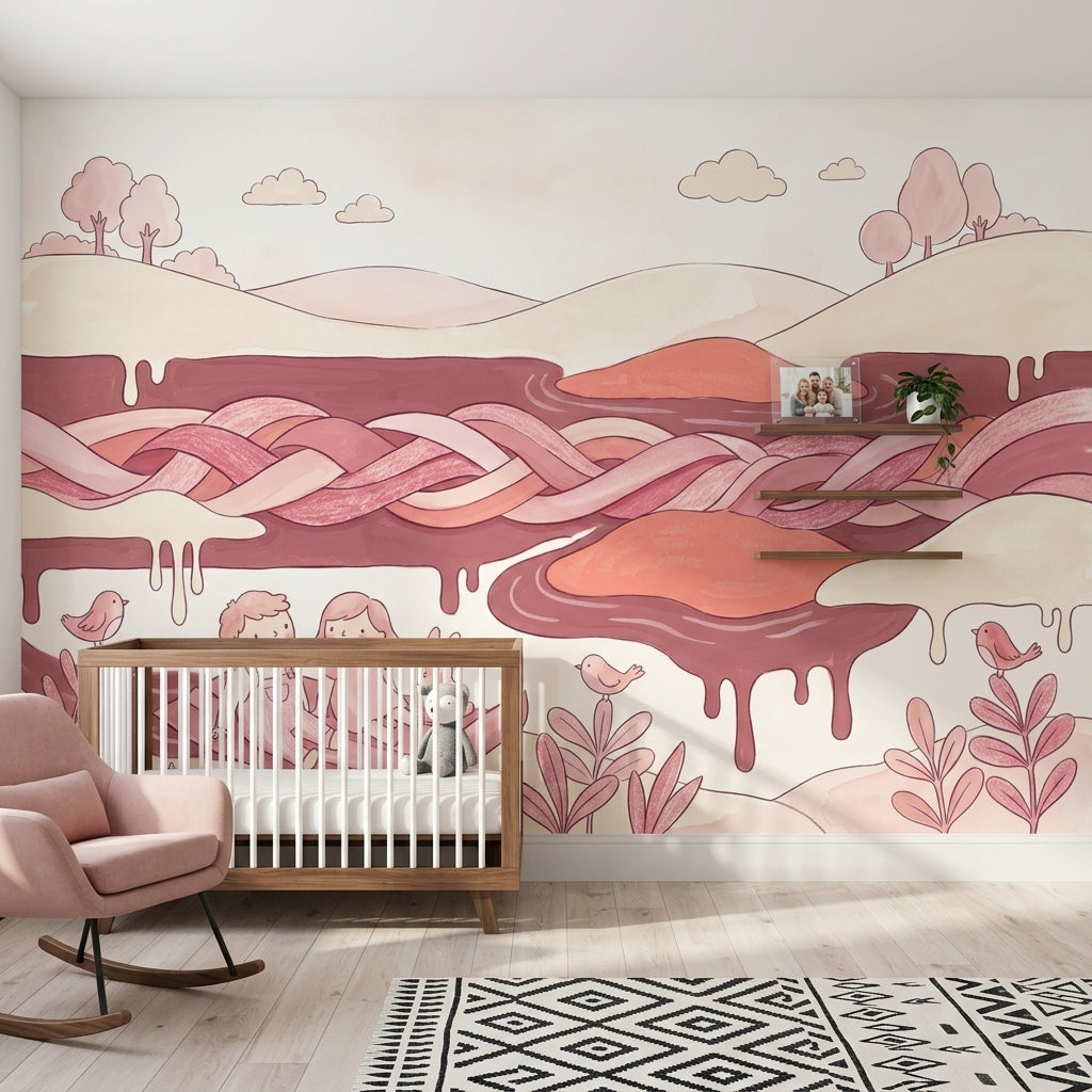 Pastel Masal Manzaralı Poster Duvar Kağıdı Pembe Çocuk Odası