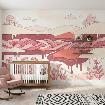 Pastel Masal Manzaralı Poster Duvar Kağıdı Pembe Çocuk Odası