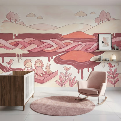 Pastel Masal Manzaralı Poster Duvar Kağıdı Pembe Çocuk Odası