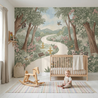 Orman ve Çiçekli Poster Duvar Kağıdı Yeşil Bebek Odası