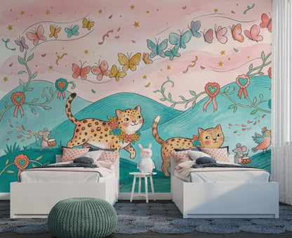 Leoparlı ve Kelebekli Poster Duvar Kağıdı Pastel Çocuk Odası