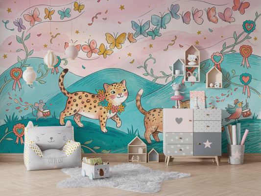 Leoparlı ve Kelebekli Poster Duvar Kağıdı Pastel Çocuk Odası
