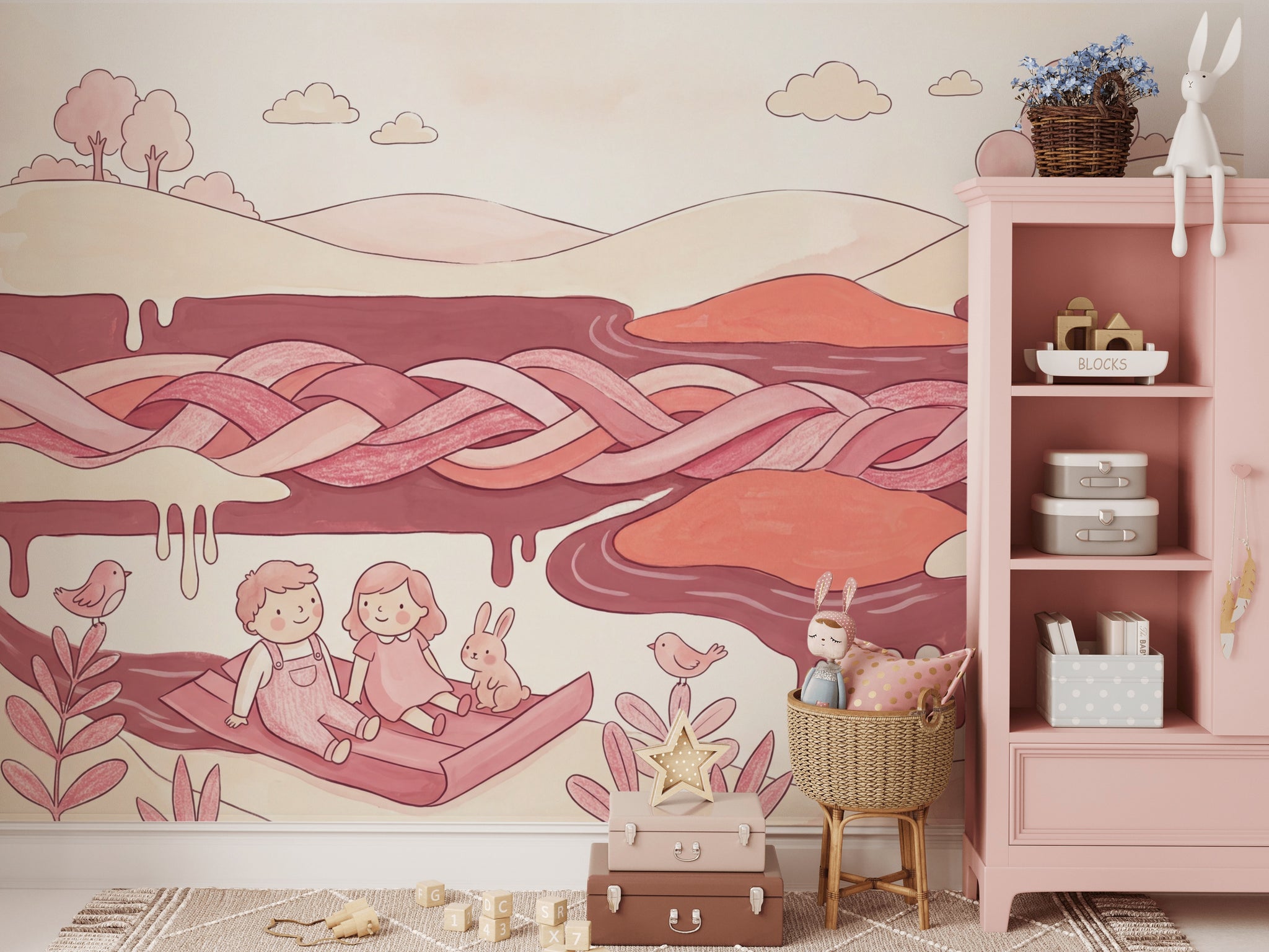 Pastel Masal Manzaralı Poster Duvar Kağıdı Pembe Çocuk Odası