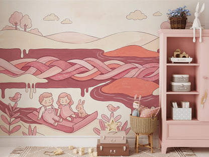 Pastel Masal Manzaralı Poster Duvar Kağıdı Pembe Çocuk Odası