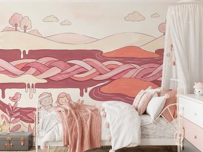 Pastel Masal Manzaralı Poster Duvar Kağıdı Pembe Çocuk Odası