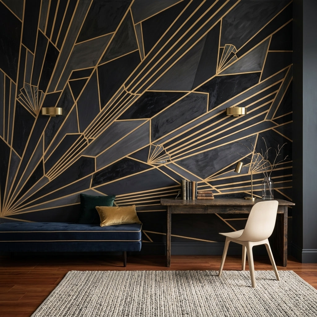 Art Deco Geometrik Poster Duvar Kağıdı Siyah Altın Salon