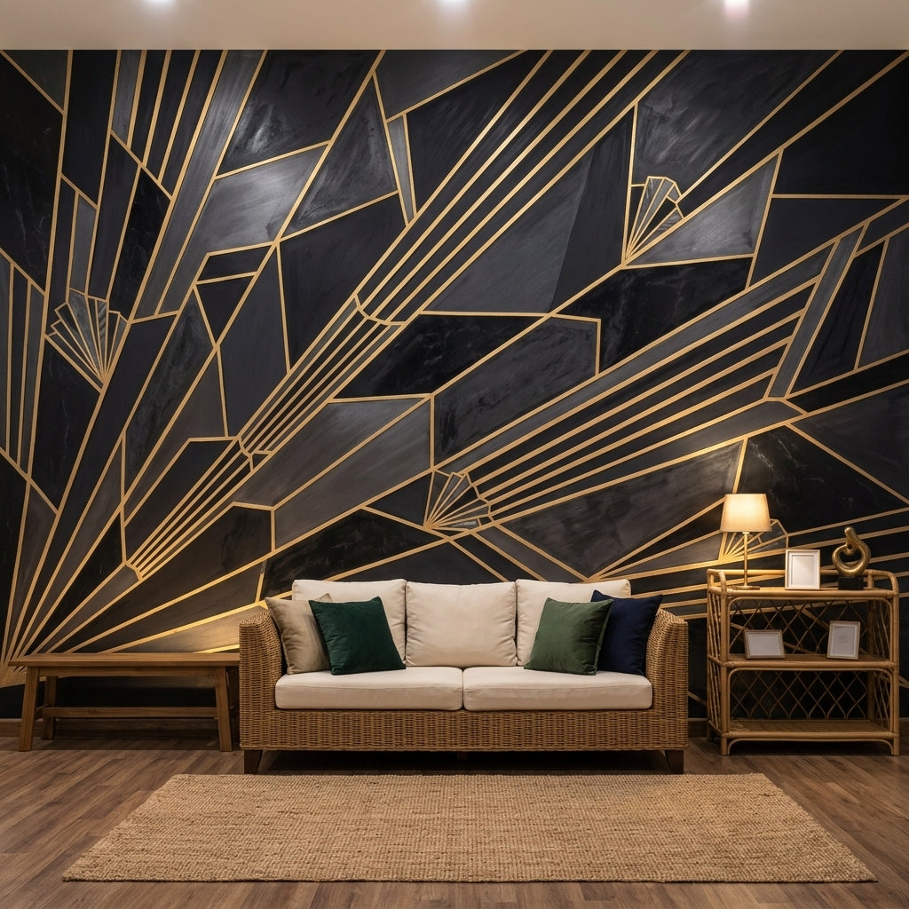 Art Deco Geometrik Poster Duvar Kağıdı Siyah Altın Salon