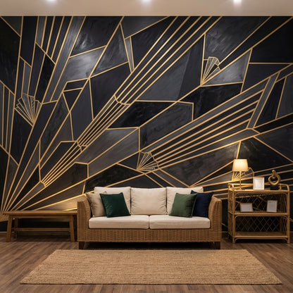 Art Deco Geometrik Poster Duvar Kağıdı Siyah Altın Salon