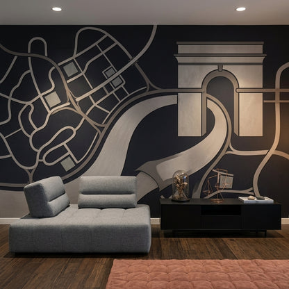 Şehir Haritası Poster Duvar Kağıdı Siyah Gri Modern Salon
