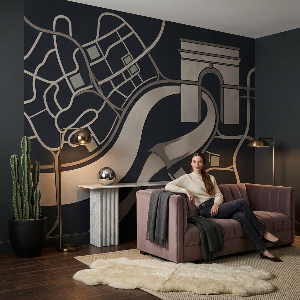 Şehir Haritası Poster Duvar Kağıdı Siyah Gri Modern Salon