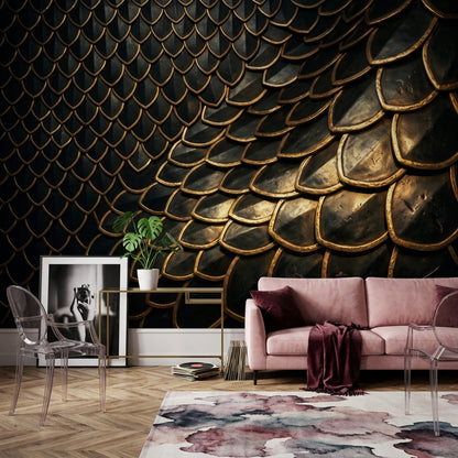Altın Pullu Desenli Poster Duvar Kağıdı Siyah Modern Salon