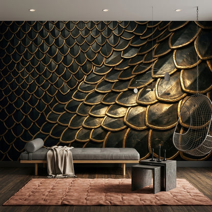 Altın Pullu Desenli Poster Duvar Kağıdı Siyah Modern Salon
