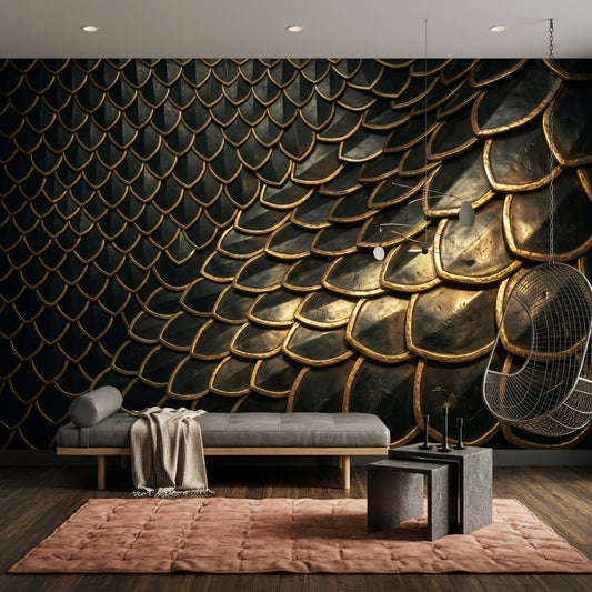 Altın Pullu Desenli Poster Duvar Kağıdı Siyah Modern Salon