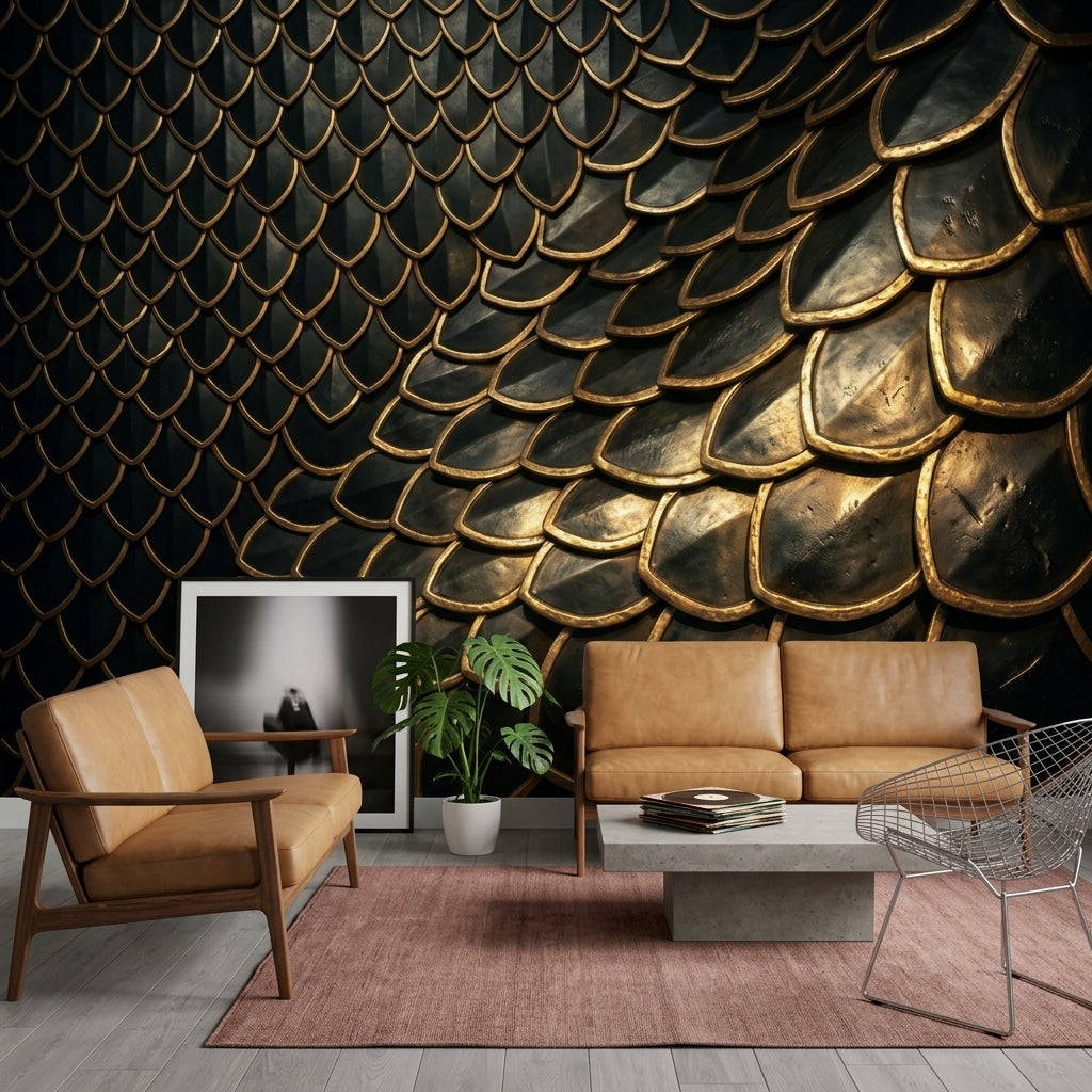 Altın Pullu Desenli Poster Duvar Kağıdı Siyah Modern Salon