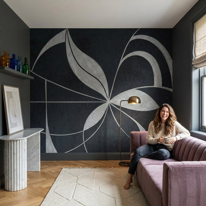 Geometrik Yaprak Desenli Poster Duvar Kağıdı Siyah Gri Salon
