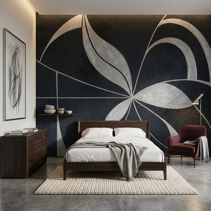 Geometrik Yaprak Desenli Poster Duvar Kağıdı Siyah Gri Salon