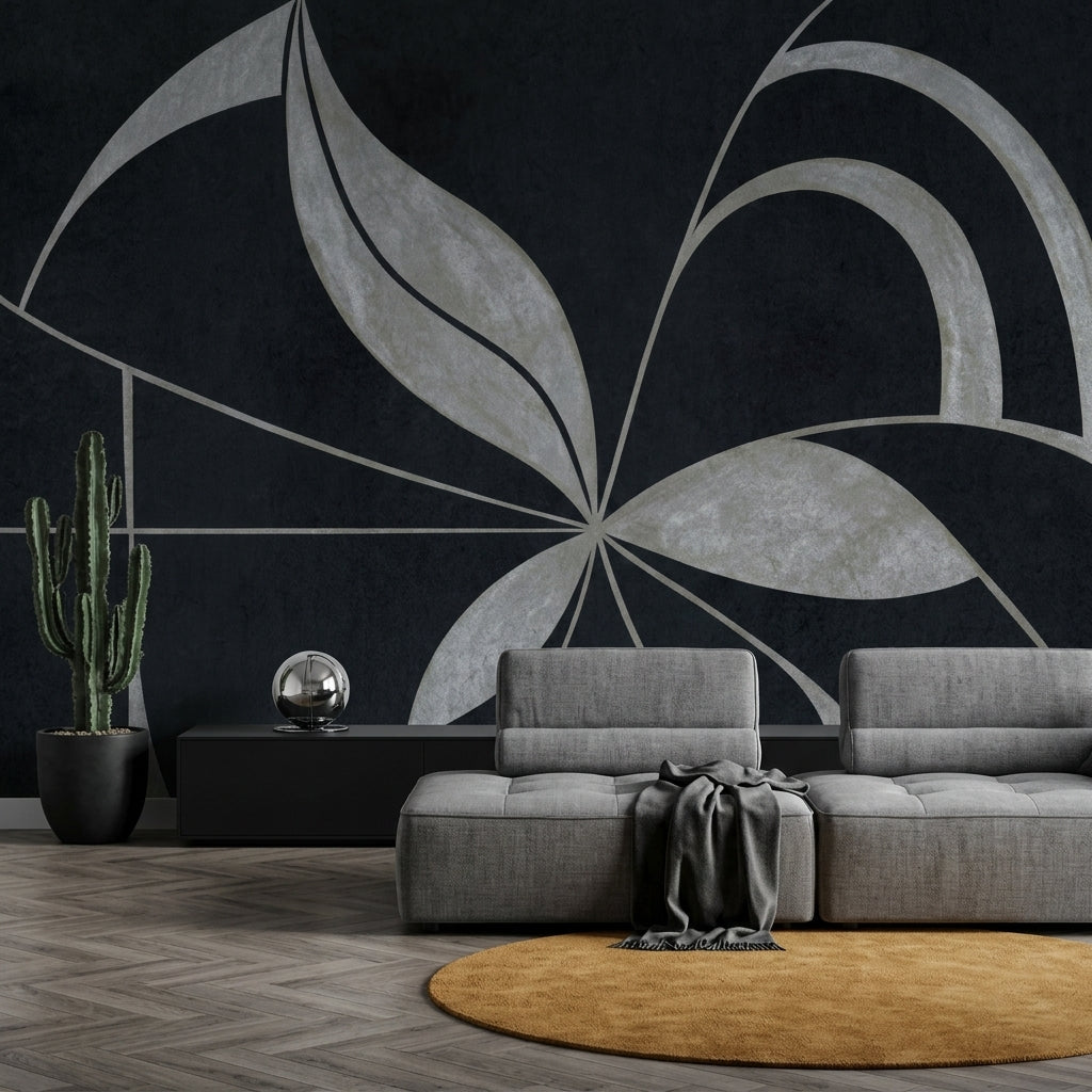 Geometrik Yaprak Desenli Poster Duvar Kağıdı Siyah Gri Salon