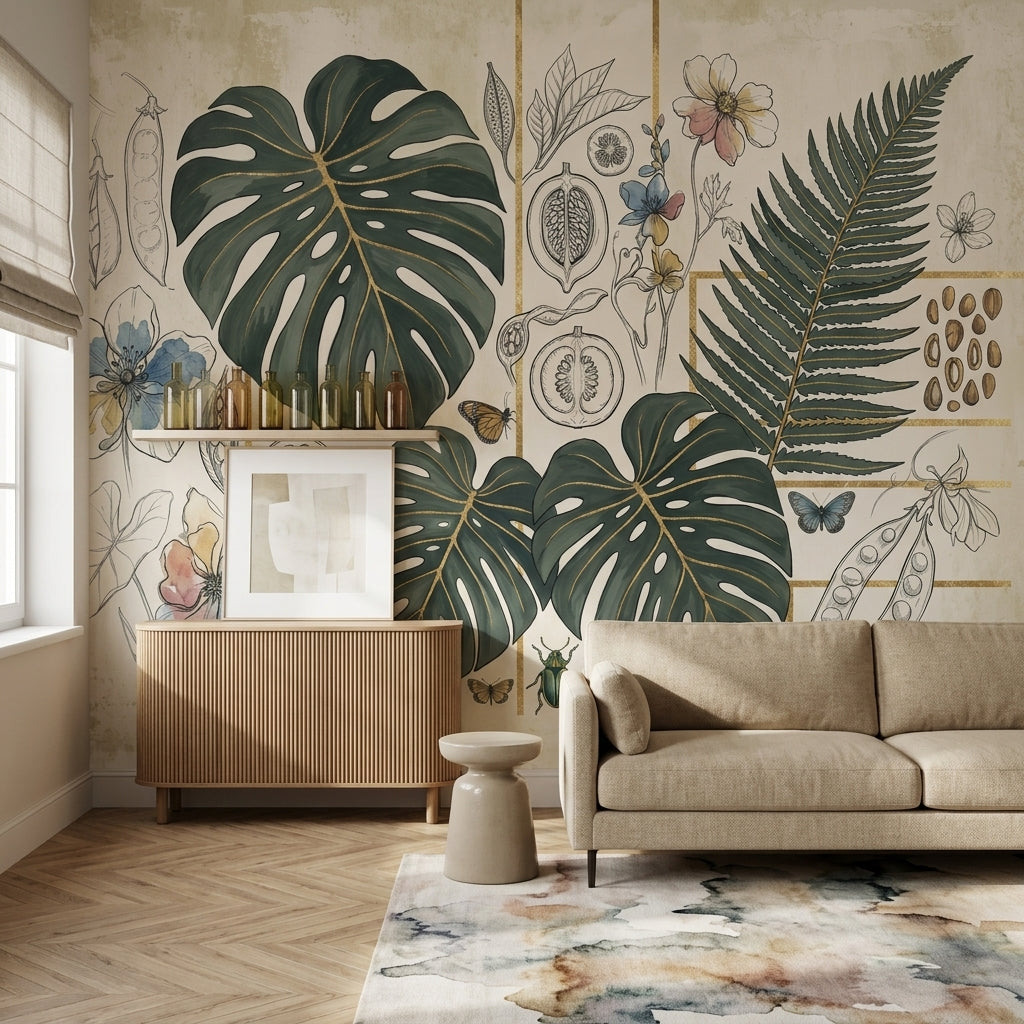 Monstera Yapraklı Poster Duvar Kağıdı Bej Yeşil Botanik Salon