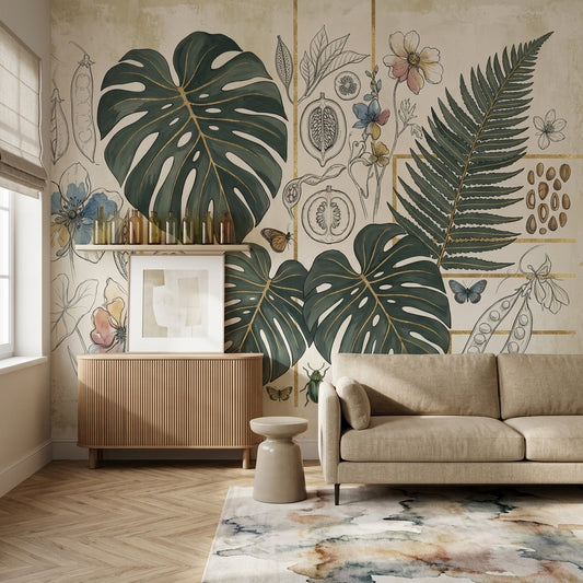 Monstera Yapraklı Poster Duvar Kağıdı Bej Yeşil Botanik Salon