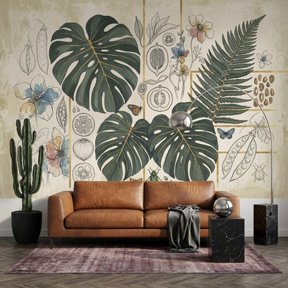 Monstera Yapraklı Poster Duvar Kağıdı Bej Yeşil Botanik Salon