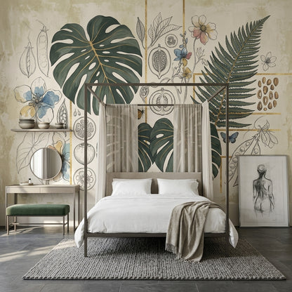 Monstera Yapraklı Poster Duvar Kağıdı Bej Yeşil Botanik Salon