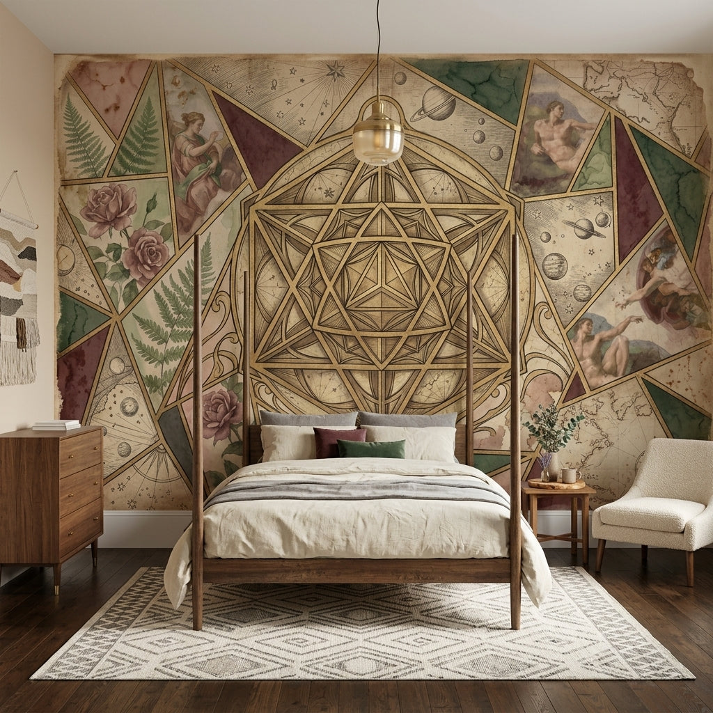 Geometrik Mandala Poster Duvar Kağıdı Vintage Kolaj Salon Duvarı
