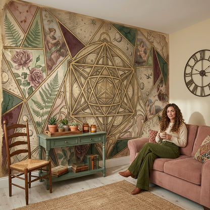 Geometrik Mandala Poster Duvar Kağıdı Vintage Kolaj Salon Duvarı