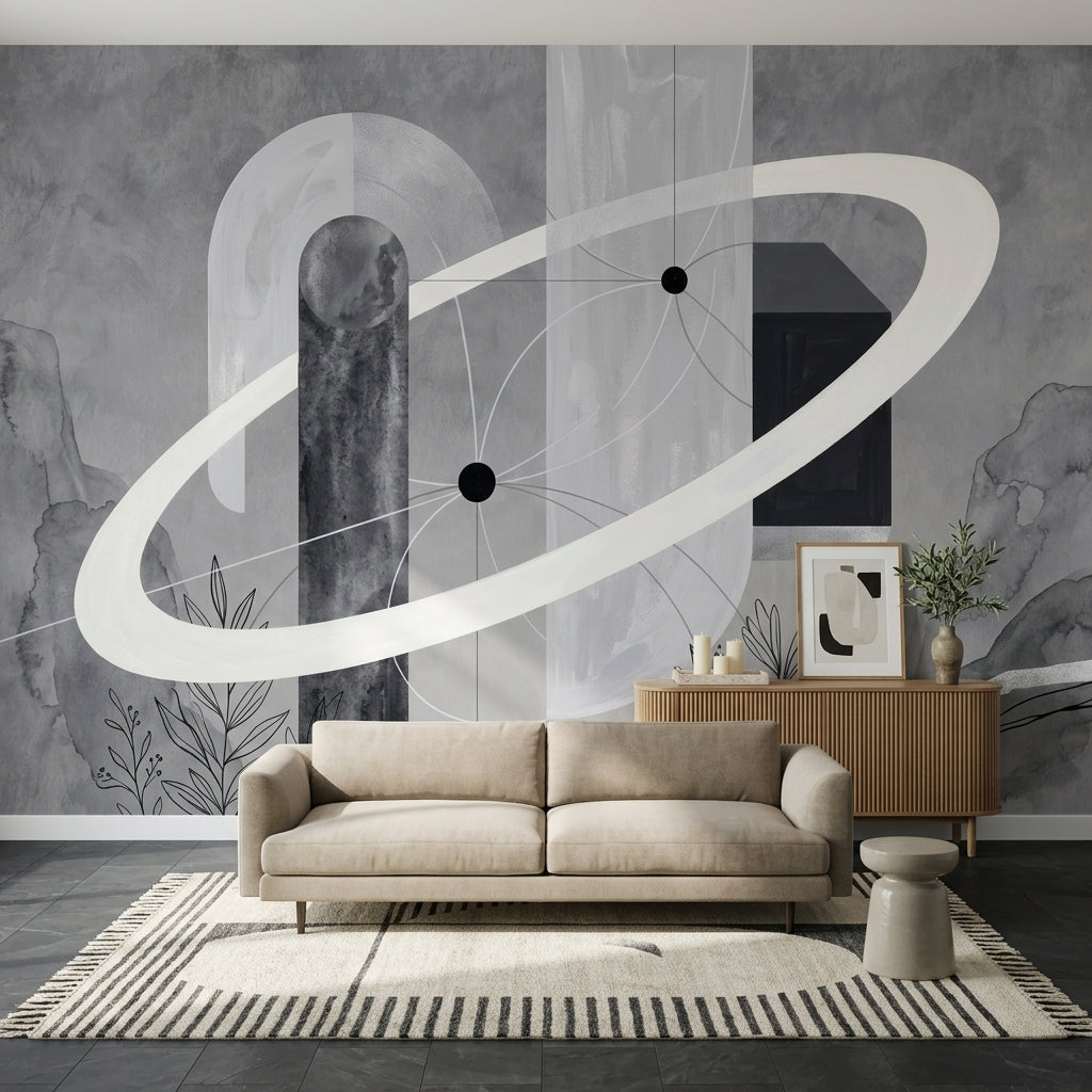 Soyut Halkalı Poster Duvar Kağıdı Gri Tonlu Modern Salon