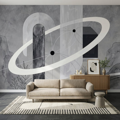 Soyut Halkalı Poster Duvar Kağıdı Gri Tonlu Modern Salon