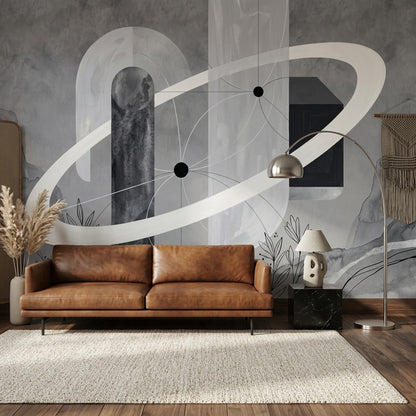 Soyut Halkalı Poster Duvar Kağıdı Gri Tonlu Modern Salon