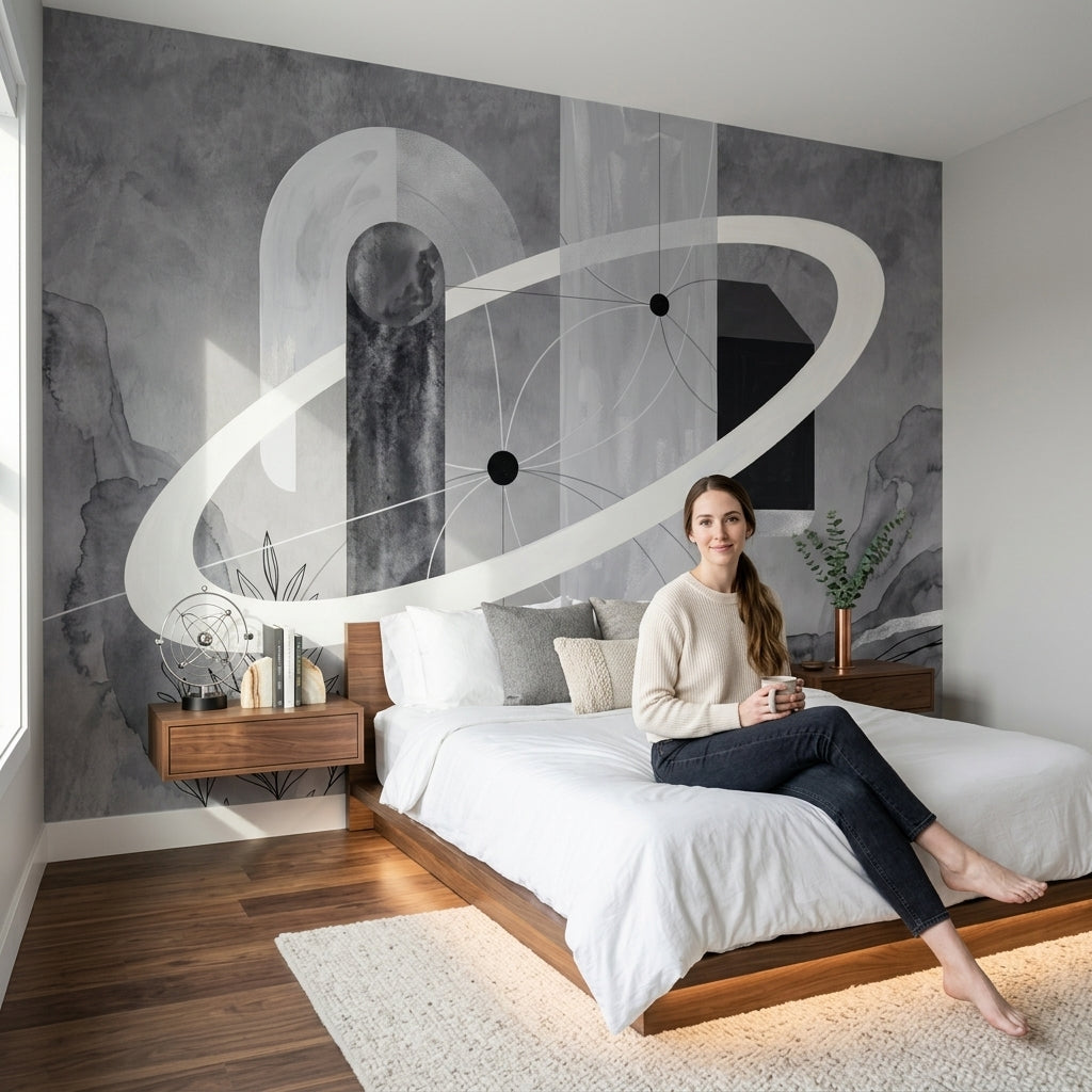 Soyut Halkalı Poster Duvar Kağıdı Gri Tonlu Modern Salon