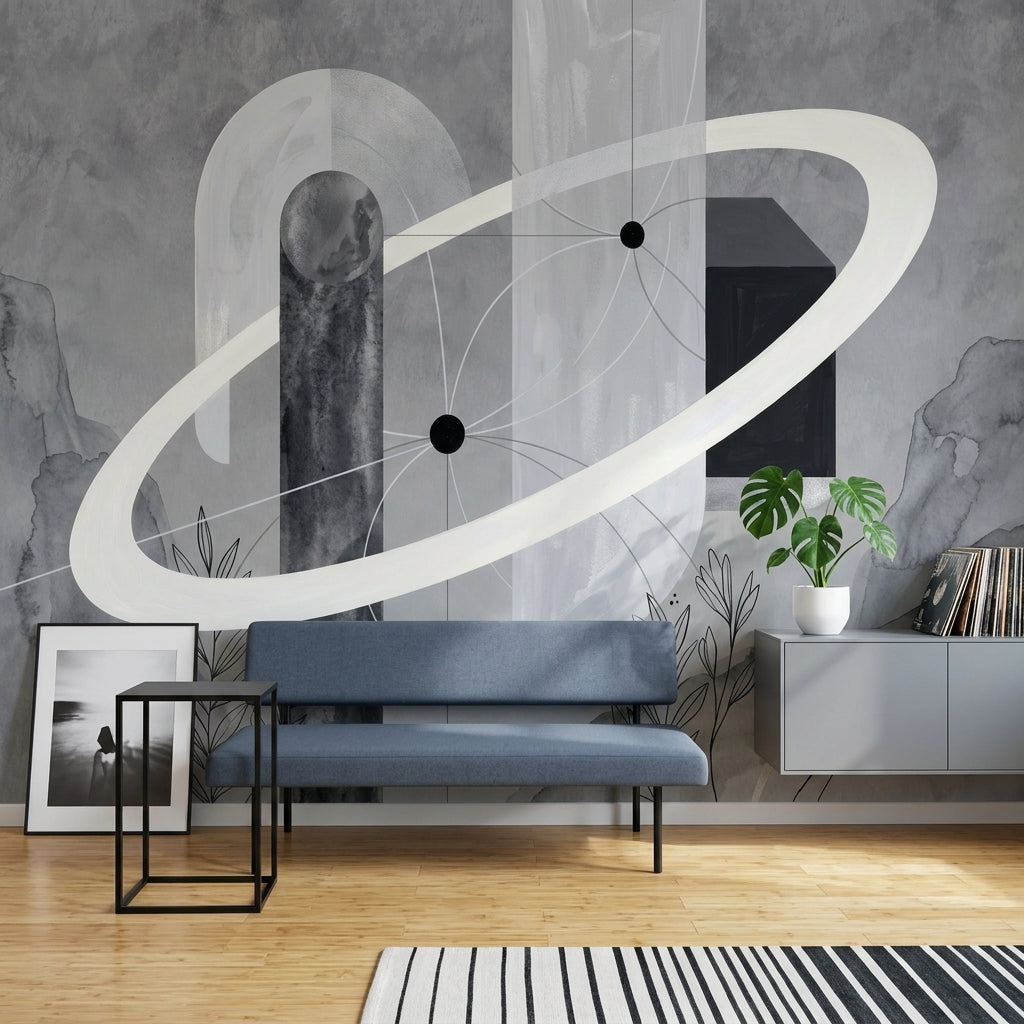 Soyut Halkalı Poster Duvar Kağıdı Gri Tonlu Modern Salon