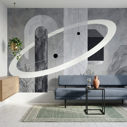 Soyut Halkalı Poster Duvar Kağıdı Gri Tonlu Modern Salon