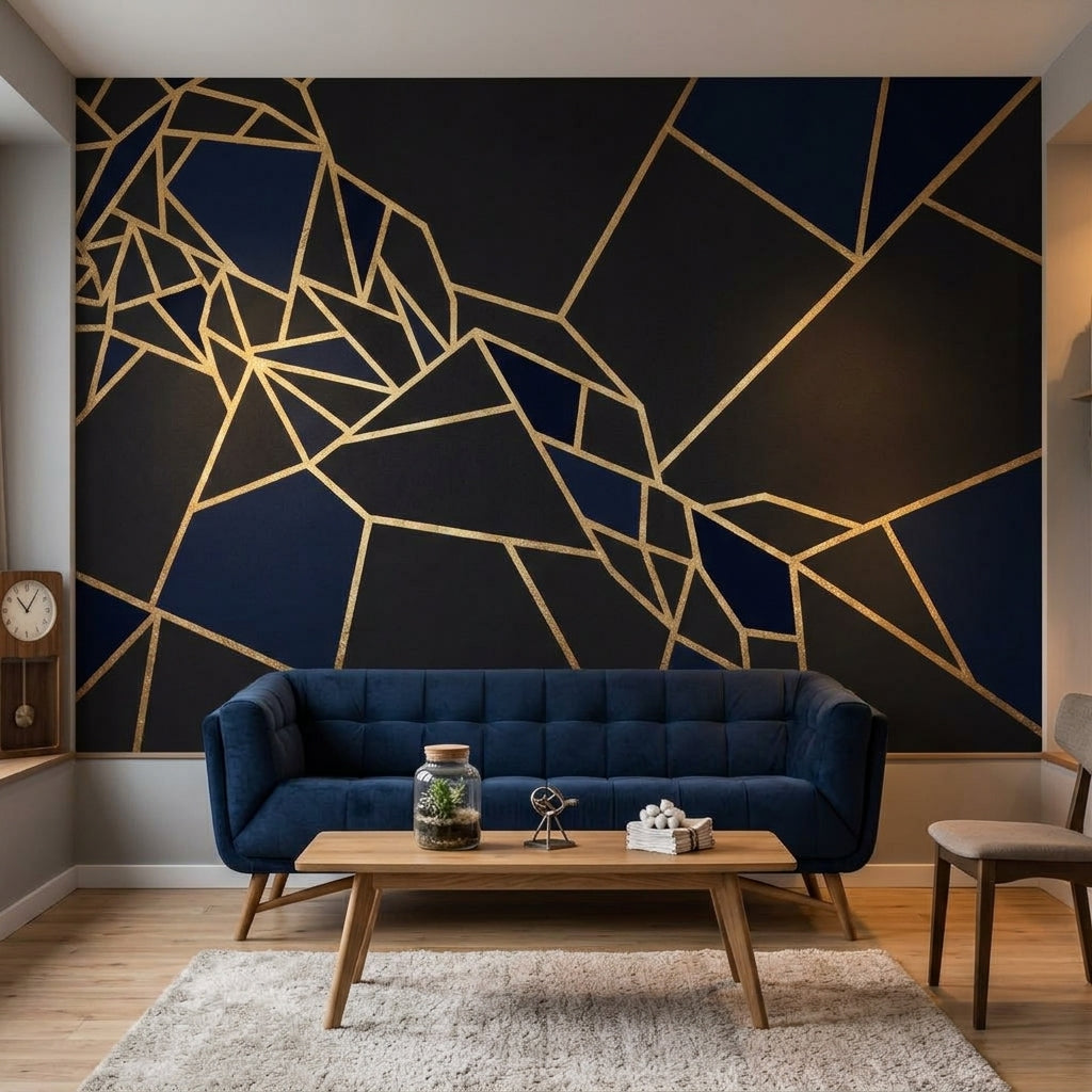 Geometrik Çizgili Poster Duvar Kağıdı Lacivert Altın Salon