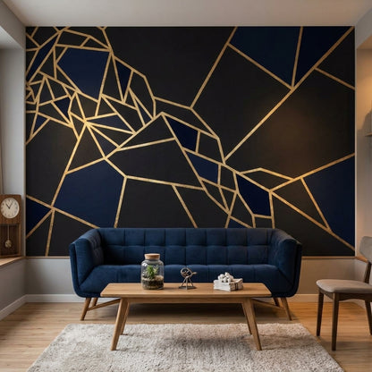 Geometrik Çizgili Poster Duvar Kağıdı Lacivert Altın Salon