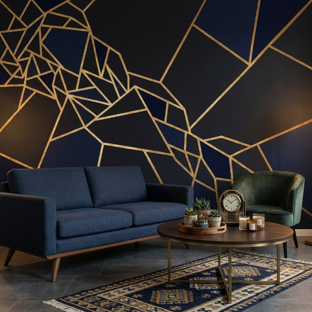 Geometrik Çizgili Poster Duvar Kağıdı Lacivert Altın Salon